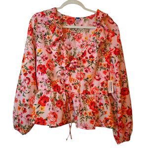 Old Navy Red & Pink Romantic Ruffled Blouse with Peter Pan Collar Large NWT
